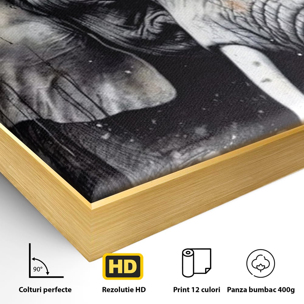 Detaliu al suprafetei: tablou canvas cu cap de elefant, in rama de aluminiu auriu
